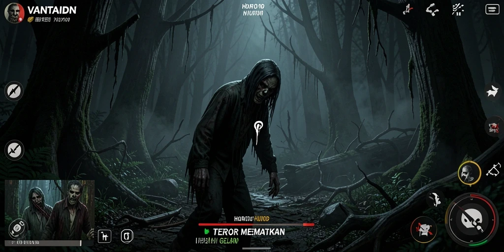 Antarmuka VANTAIDN menampilkan hutan gelap yang misterius dan menakutkan.